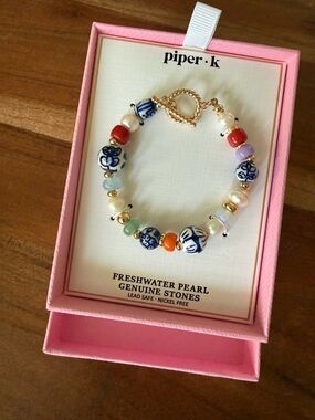 piper.k Multicolor Ceramic & Freshwater Pearl Bracelet with Gold Toggle
